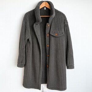 Boutique Womens Plus Size 2XL Ribbed Faux Sherpa Turn Down Collar Long Coat Gray